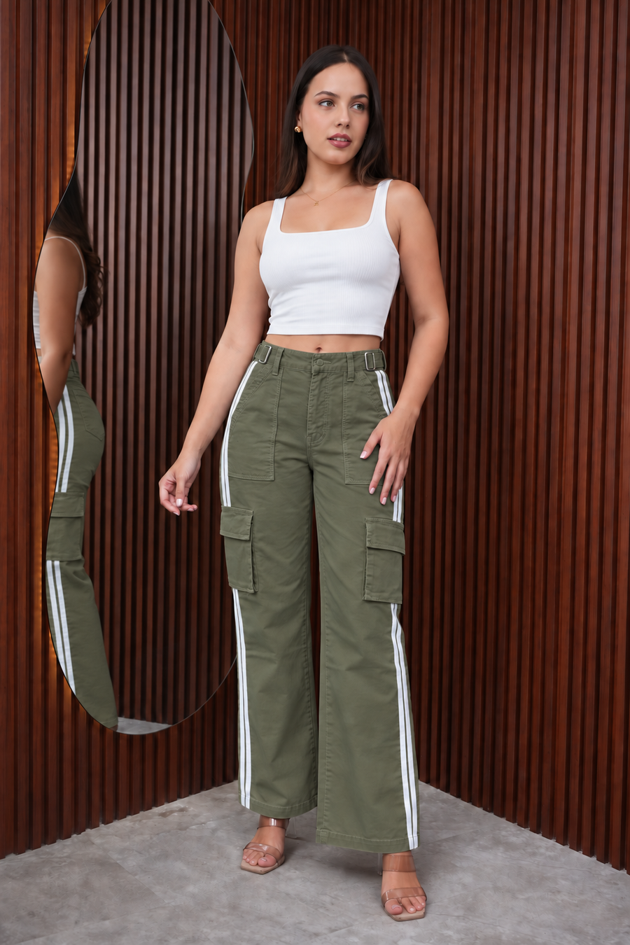 Pantalón Cargo Drill con Regulador y Franjas Verde Militar