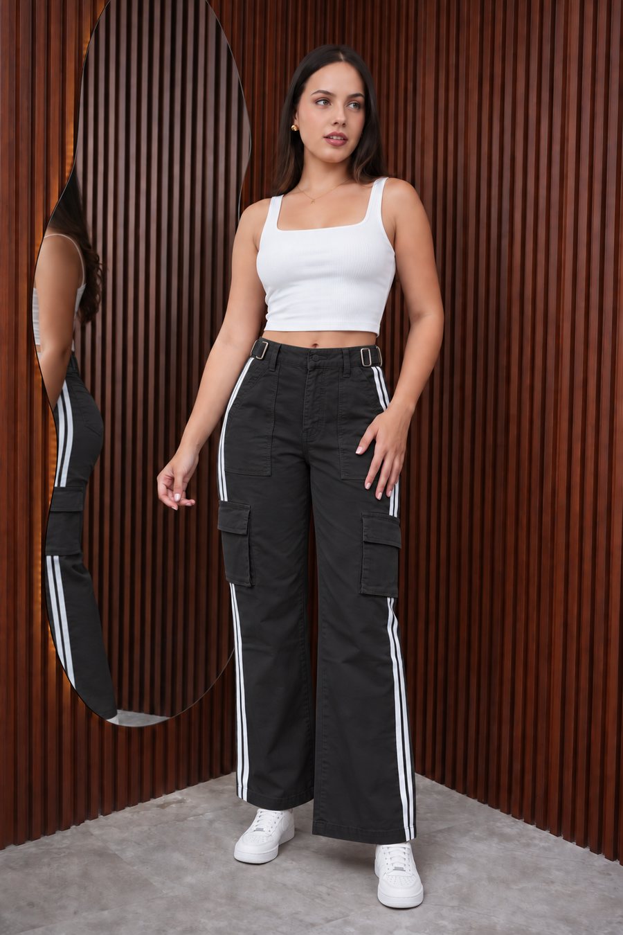 Pantalón Cargo Drill con Regulador y Franjas Negro