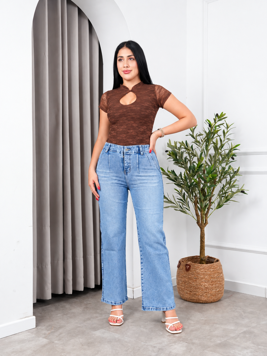 Jean Wide Leg con Pinzas Frontales Celeste