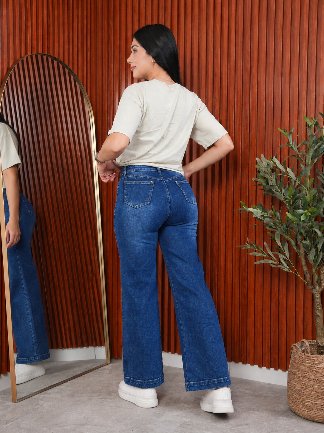 Jean Wide Leg con Bolsillos Parche Frontales Azul