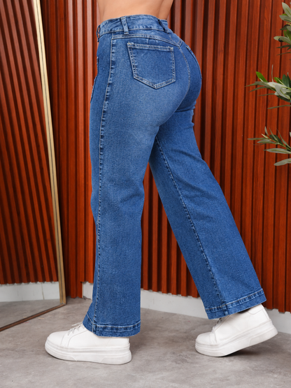 Jean Wide Leg con Bolsillos Parche Frontales Azul